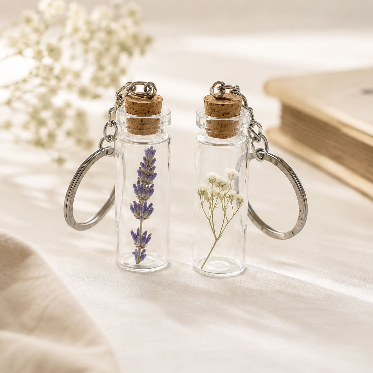 Llaveros con frasco de vidrio y flores prensadas