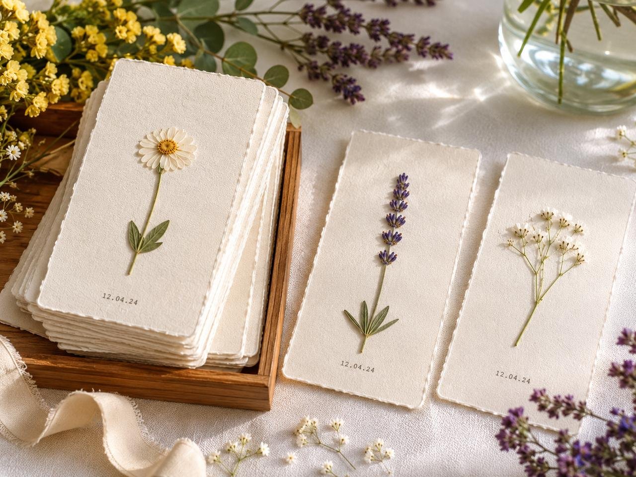 Postales artesanales con flores prensadas y fecha personalizada