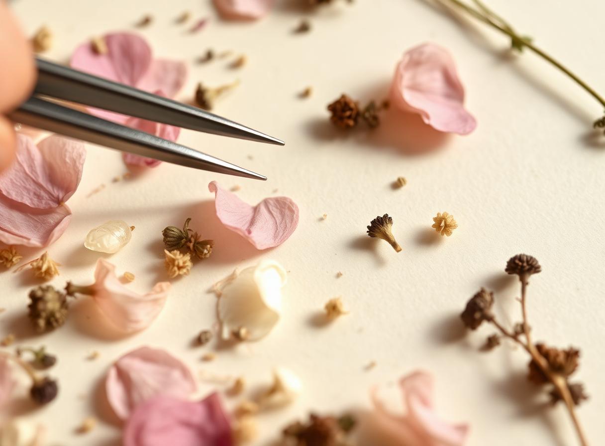 Pétalos y flores prensadas dispuestos sobre papel de algodón